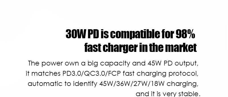 30W PDは、市場の98％急速充電器と互換性があります