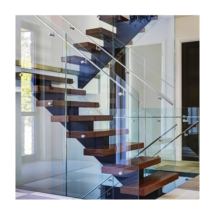 木製の踏面が付いている現代的な注文の黒豆のガラスの手すりの浮遊階段
