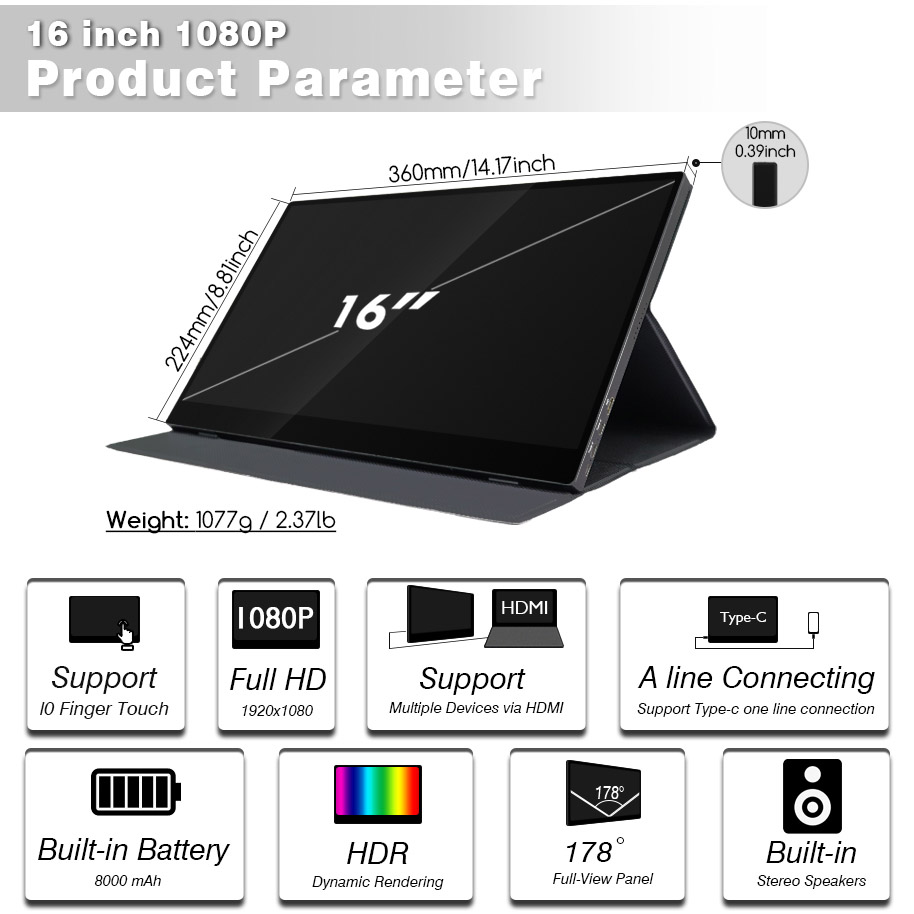 16 インチ USB 電源式タッチ スクリーン ポータブル モニター S40-1