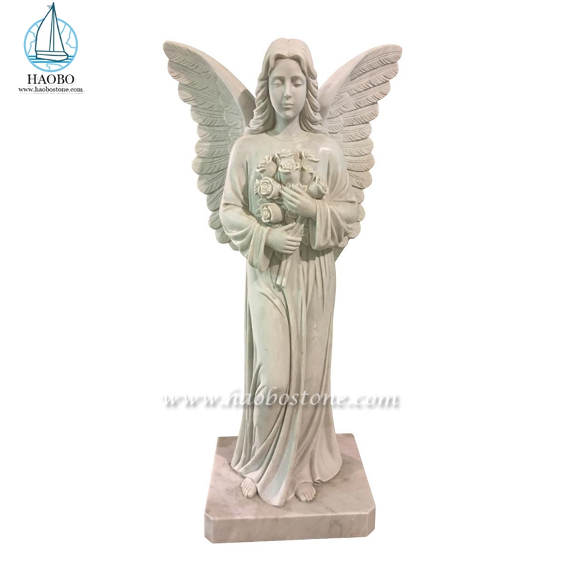 花像を保持しているヨーロピアン スタイルのベージュの大理石の天使
