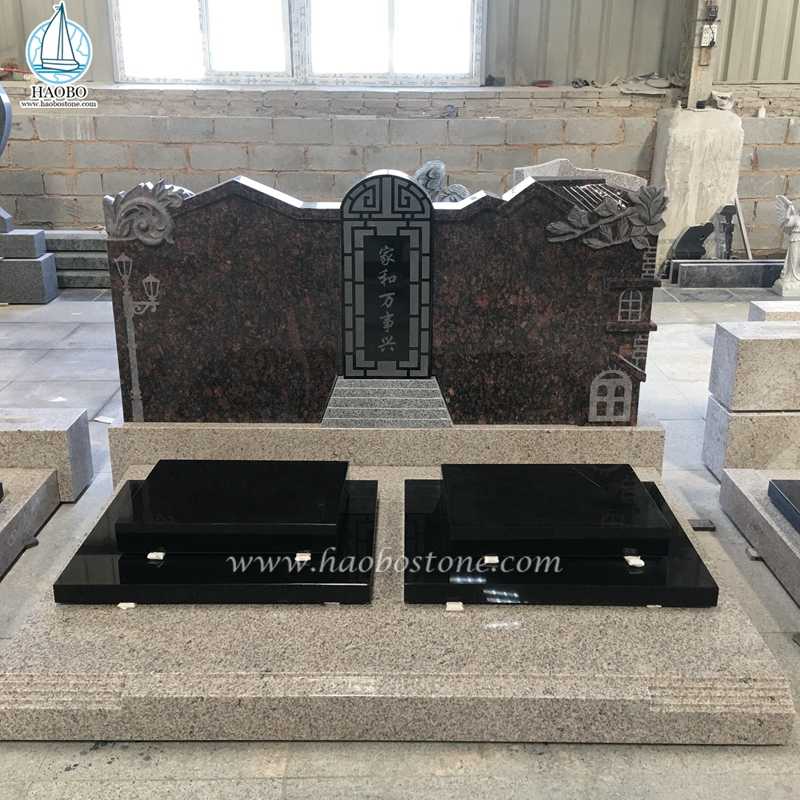 中国人スタイルの花崗岩の家の彫刻が施された二重墓地の記念碑

