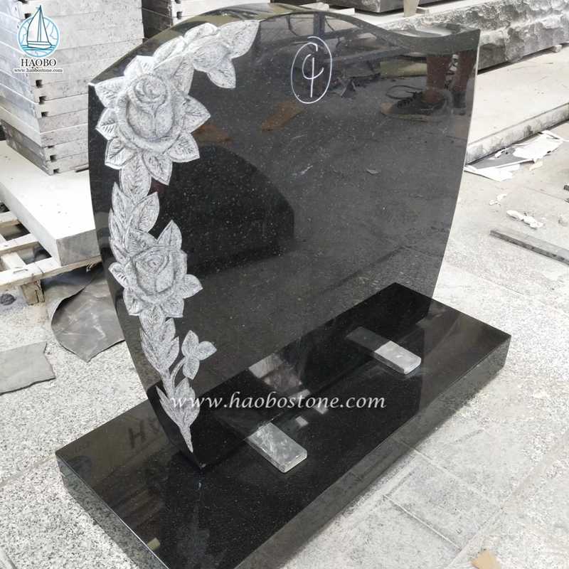 インド黒御影石バラの花彫り記念墓石
