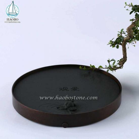 天然石黒御影石中国デザイン彫刻石ティートレイ
