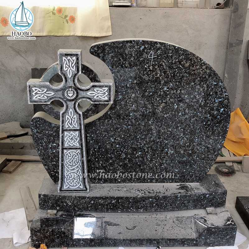 ブルー パール花崗岩ケルト十字彫刻葬儀墓石
